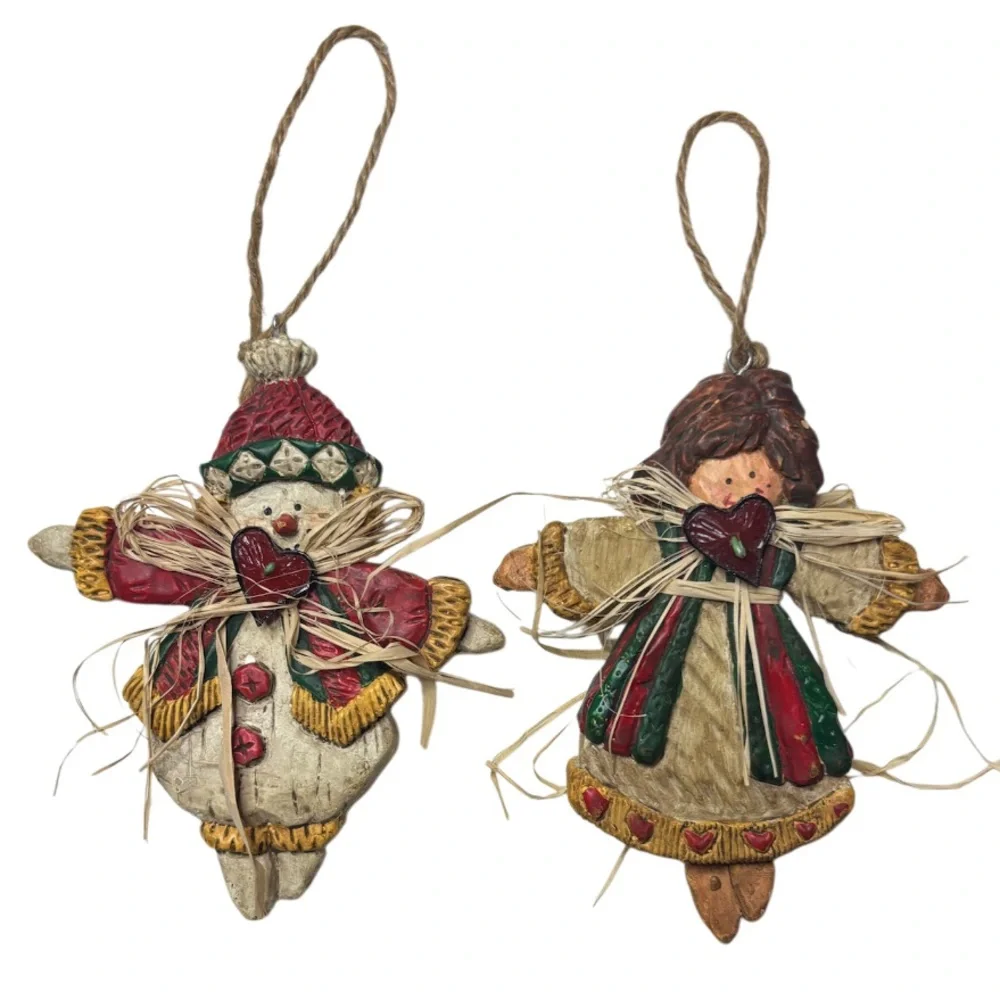 Whimsical Christmas Ornaments Hand Crafted Vintage Snowman Angel 2 Pc Set Red